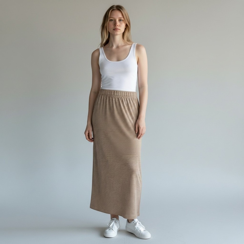 MONROW Ribbed Maxi Skirt Medium Tan Beige Elastic Waist Back Vent Minimalist
